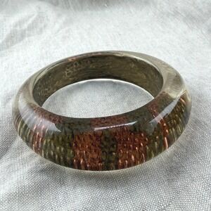 Vintage Resin Bangle Hammered Metal Inlay Green Copper Tone
